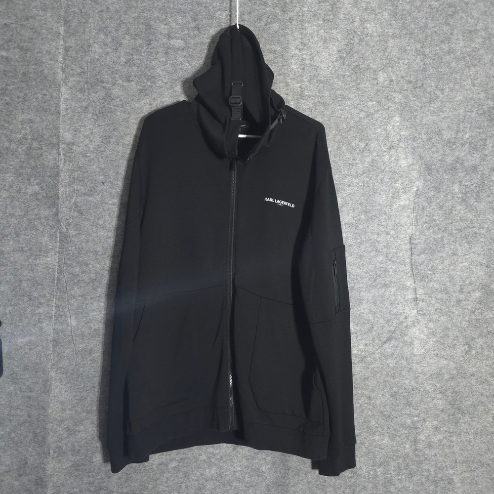 Karl Lagerfeld Paris Hoodie Mens XL Black Full Zip Arm Pocket Buckle Hood 15869